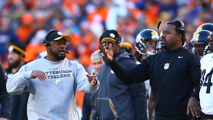 Jan 17, 2016; Denver, CO, USA; Pittsburgh Steelers head coach Mike Tomlin (left) and outside linebackers coach Joey Porter against the Denver Broncos during the AFC Divisional round playoff game at Sports Authority Field at Mile High. Mandatory Credit: Mark J. Rebilas-Imagn Images