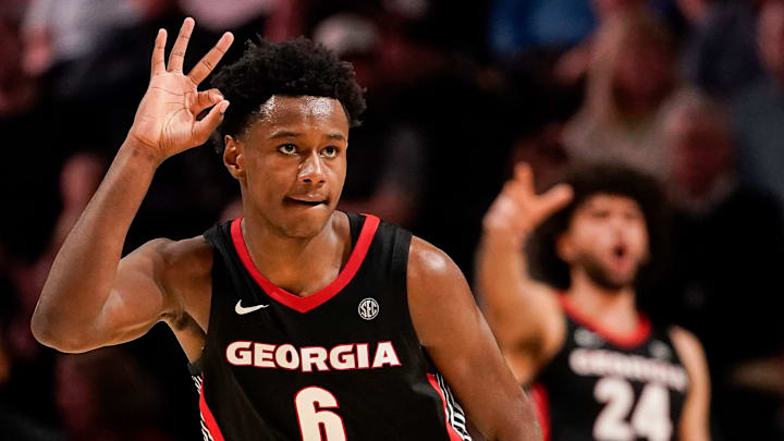 Georgia forward Kanon Catchings (6) celebrates a three point basket against Vanderbilt during the second half at Memorial Gym in Nashville, Tenn., Wednesday, Feb. 25, 2026. Georgia forward Kanon Catchings (6) celebrates a three point basket against Vanderbilt during the second half at Memorial Gym in Nashville, Tenn., Wednesday, Feb. 25, 2026.