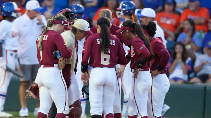 Florida State has a mound conference during a NCAA softball game at Katie Seashole Pressly Stadium in Gainesville, FL on Tuesday, April 28, 2026. [Alan Youngblood/Gainesville Sun]