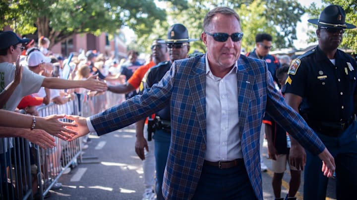 Auburn Tigers head coach Hugh Freeze greets fans during Tiger Walk before Auburn Tigers take on South Alabama Jaguars at Jordan-Hare Stadium in Auburn, Ala. on Saturday, Sept. 13, 2025.
