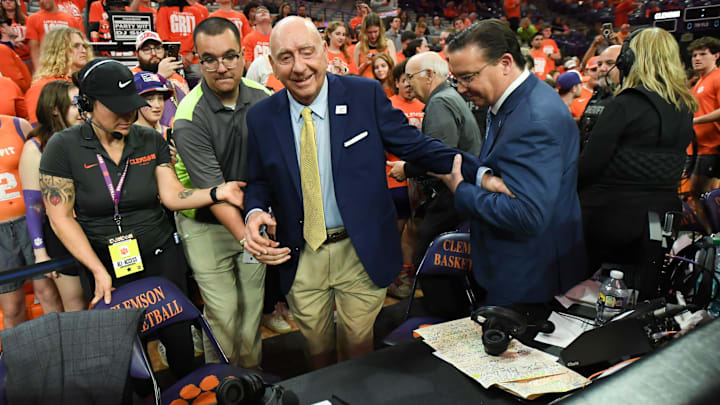 Clemson University student fans welcome ESPN commentator Dick Vitale before the game between the Clemson Tigers and the Duke Blue Devils at Littlejohn Coliseum on Feb 8, 2025 in Clemson, S.C.
