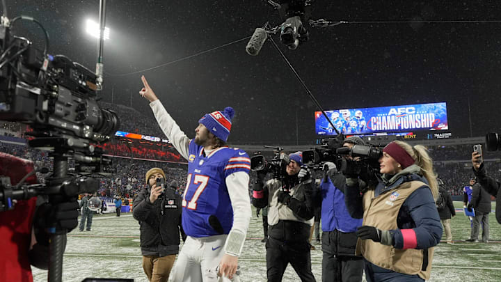 Buffalo Bills quarterback Josh Allen points to the crowd and yells as he leaves the field at Highmark Stadium in Orchard Park on Jan. 19, 2025.