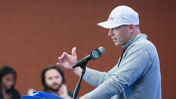 Florida head coach Jon Sumrall speaks during a press conference after the first day of Florida Spring football practice at Heavener Football Center in Gainesville, FL on Tuesday, March 3, 2026. [Alan Youngblood/Gainesville Sun]