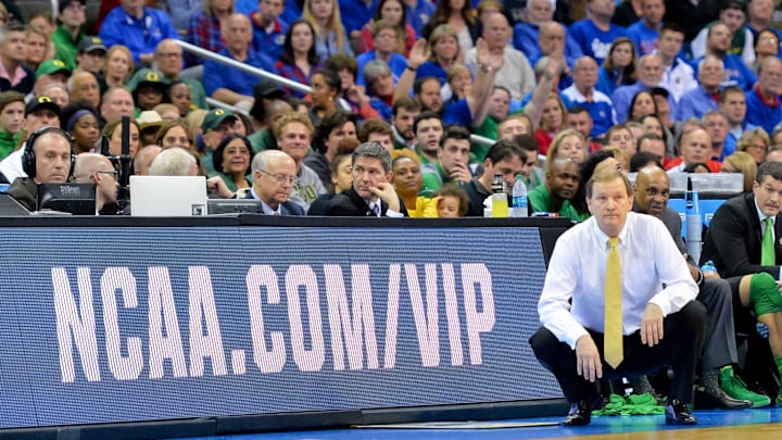 Mar 25, 2017; Kansas City, MO, USA; Oregon Ducks head coach Dana Altman looks on during the second half against the Kansas Jayhawks in the finals of the Midwest Regional of the 2017 NCAA Tournament at Sprint Center. Mandatory Credit: Denny Medley-Imagn Images Mar 25, 2017; Kansas City, MO, USA; Oregon Ducks head coach Dana Altman looks on during the second half against the Kansas Jayhawks in the finals of the Midwest Regional of the 2017 NCAA Tournament at Sprint Center. Mandatory Credit: Denny Medley-Imagn Images