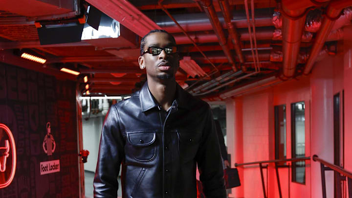 Oct 26, 2024; Chicago, Illinois, USA; Oklahoma City Thunder guard Shai Gilgeous-Alexander (2) arrives at United Center before an NBA game against the Chicago Bulls. Mandatory Credit: Kamil Krzaczynski-Imagn Images