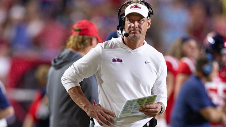 Mississippi Rebels head coach Lane Kiffin looks on during the second half against the LSU Tigers at Tiger Stadium.