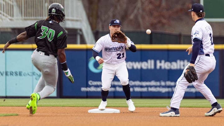 Whitecaps shortstop Kevin McGonigle catches the ball to force the out on Friday, April, 4, at LMCU Ballpark.