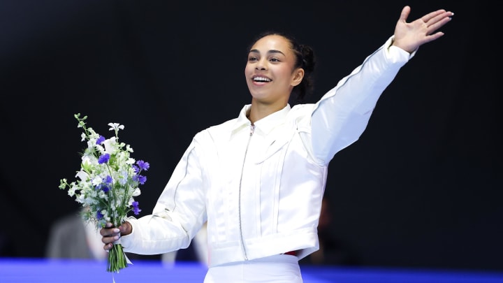 Jun 30, 2024; Minneapolis, Minnesota, USA; Hezly Rivera reacts after being selected for the 2024 U.S. Olympic Women's gymnastics team during the U.S. Olympic Team Gymnastics Trials at Target Center. Mandatory Credit: Matt Krohn-USA TODAY Sports