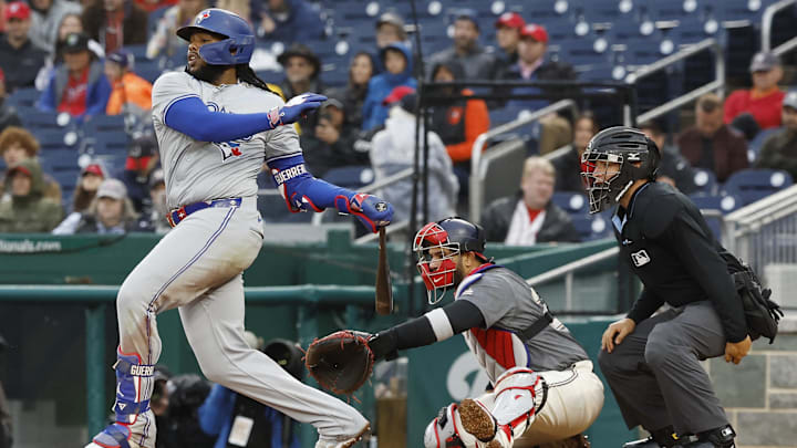 May 4, 2024; Washington, District of Columbia, USA; Toronto Blue Jays first baseman Vladimir Guerrero Jr. (27) singles against the Washington Nationals during the seventh inning at Nationals Park.