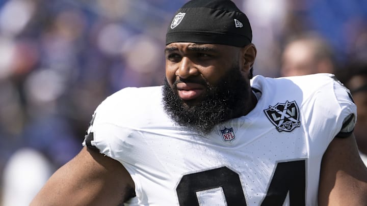 Sep 15, 2024; Baltimore, Maryland, USA; Las Vegas Raiders defensive tackle Christian Wilkins (94) before the game against the Baltimore Ravens at M&T Bank Stadium. Mandatory Credit: Tommy Gilligan-Imagn Images Sep 15, 2024; Baltimore, Maryland, USA; Las Vegas Raiders defensive tackle Christian Wilkins (94) before the game against the Baltimore Ravens at M&T Bank Stadium. Mandatory Credit: Tommy Gilligan-Imagn Images