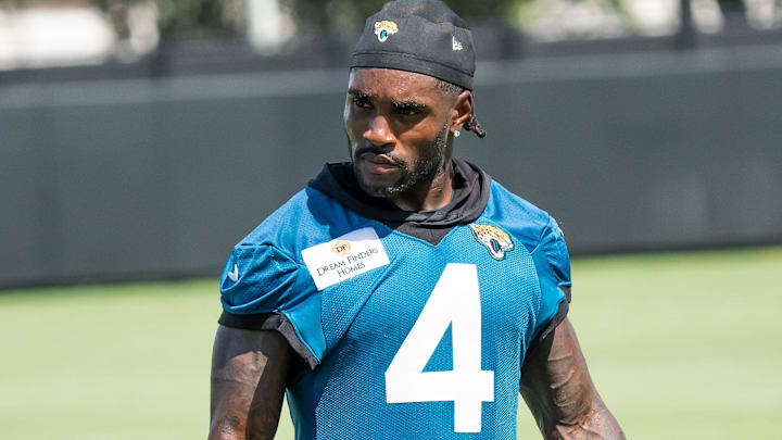 Jacksonville Jaguars running back Tank Bigsby (4) walks off the field after the Jacksonville Jaguars’ third mandatory minicamp Thursday June 12, 2025 at the Miller Electric Center in Jacksonville, Fla. [Doug Engle/Florida Times-Union]