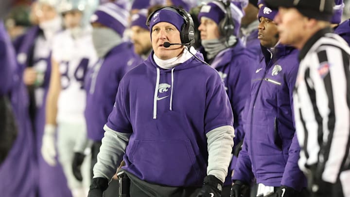 Nov 30, 2024; Ames, Iowa, USA; Kansas State Wildcats head coach Chris Klieman watches his team play the Iowa State Cyclones in the first quarter at at Jack Trice Stadium. Mandatory Credit: Reese Strickland-Imagn Images