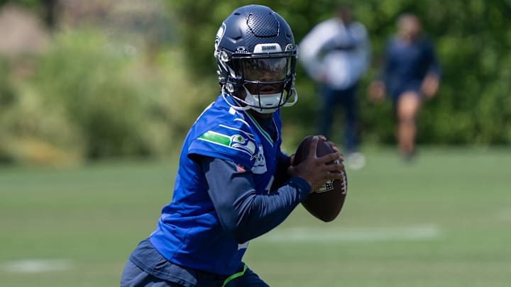 Jun 11, 2025; Renton, WA, USA; Seattle Seahawks quarterback Jalen Milroe (6) scrambles during mini-camp at Virginia Mason Athletic Center. 