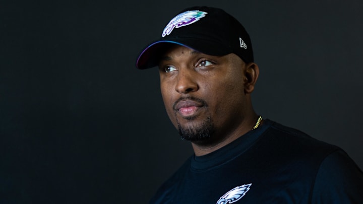 Oct 1, 2023; Philadelphia, Pennsylvania, USA; Philadelphia Eagles offensive coordinator Brian Johnson