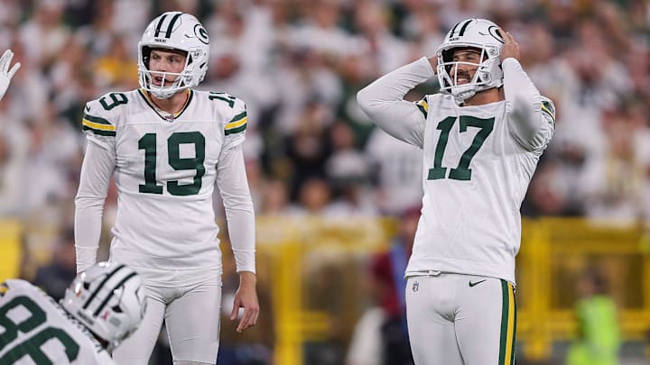 Green Bay Packers place kicker Brandon McManus (17) reacts after missing a field goal against the Washington Commanders on Thursday, September 11, 2025, at Lambeau Field in Green Bay, Wis.