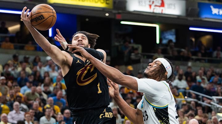 May 11, 2025; Indianapolis, Indiana, USA; Cleveland Cavaliers guard Max Strus (1) shoots the ball while Indiana Pacers center Myles Turner (33) defends during game four of the second round for the 2025 NBA Playoffs at Gainbridge Fieldhouse. Mandatory Credit: Trevor Ruszkowski-Imagn Images