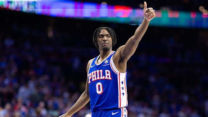 May 2, 2024; Philadelphia, Pennsylvania, USA; Philadelphia 76ers guard Tyrese Maxey (0) during game six of the first round for the 2024 NBA playoffs against the New York Knicks at Wells Fargo Center. Mandatory Credit: Bill Streicher-Imagn Images