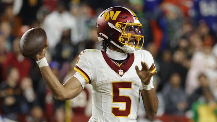 Nov 2, 2025; Landover, Maryland, USA; Washington Commanders quarterback Jayden Daniels (5) passes the ball during the second half against the Seattle Seahawks at Northwest Stadium. Nov 2, 2025; Landover, Maryland, USA; Washington Commanders quarterback Jayden Daniels (5) passes the ball during the second half against the Seattle Seahawks at Northwest Stadium.