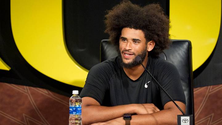 Oregon quarterback Dante Moore speaks during a press conference on Aug. 18, 2026, at the Hatfield-Dowlin Complex in Eugene, Oregon.