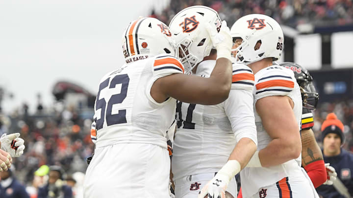 Dec 30, 2023; Nashville, TN, USA; Auburn Tigers tight end Brandon Frazier (87) celebrates his