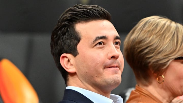 Jan 1, 2024; Toronto, Ontario, CAN;  Toronto Raptors general manager Bobby Webster looks on as his players warm up before playing the Cleveland Cavaliers at Scotiabank Arena. Mandatory Credit: Dan Hamilton-Imagn Images