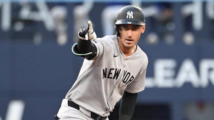 Jul 22, 2025; Toronto, Ontario, CAN; New York Yankees left fielder Cody Bellinger (35) reacts after hitting a double against the Toronto Blue Jays in the third inning at Rogers Centre. Mandatory Credit: Dan Hamilton-Imagn Images Jul 22, 2025; Toronto, Ontario, CAN; New York Yankees left fielder Cody Bellinger (35) reacts after hitting a double against the Toronto Blue Jays in the third inning at Rogers Centre. Mandatory Credit: Dan Hamilton-Imagn Images