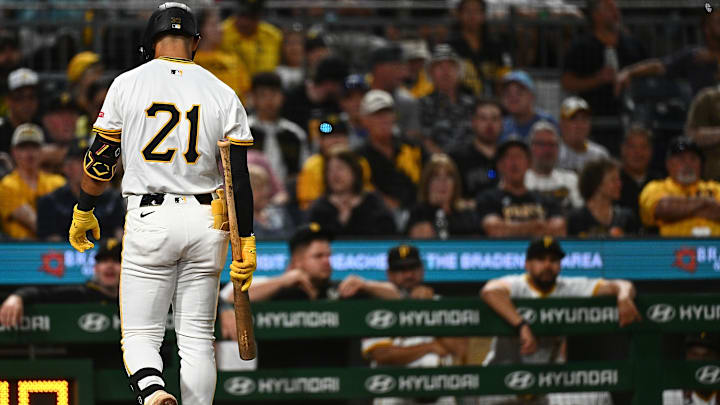Pittsburgh Pirates infielder Nick Gonzalez walks back to the dugout after striking out against the Chicago Cubs.