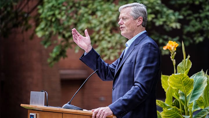 President of the NCAA, Charlie Baker speaks during a press conference celebrating the 25 year anniversary of the NCAA moving its national office to Indianapolis on Tuesday, Aug. 13, 2024, at the NCAA Headquarters in Indianapolis.