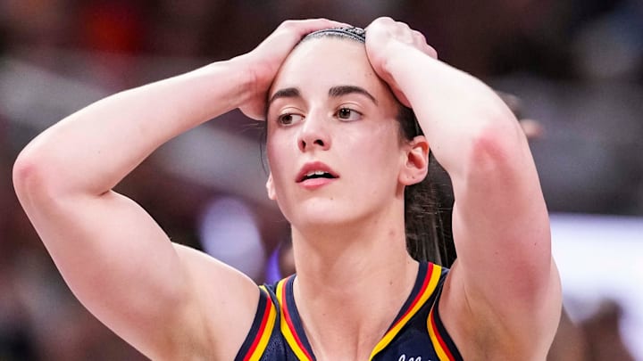 Indiana Fever guard Caitlin Clark (22) reacts to the action Tuesday, May 20, 2025, during a game between the Indiana Fever and the Atlanta Dream at Gainbridge Fieldhouse in Indianapolis.