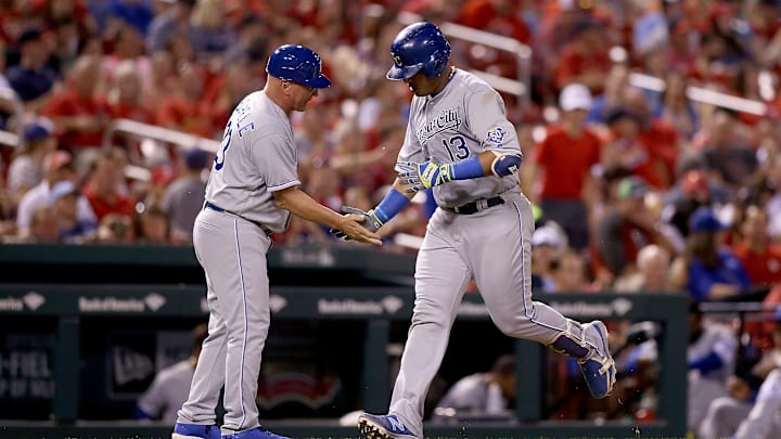 May 22, 2018; St. Louis, MO, USA; Kansas City Royals third base coach Mike Jirschele (23) congratulates catcher Salvador Perez (13) as he runs the bases after hitting a solo home run during the sixth inning against the St. Louis Cardinals at Busch Stadium. Mandatory Credit: Scott Kane-Imagn Images May 22, 2018; St. Louis, MO, USA; Kansas City Royals third base coach Mike Jirschele (23) congratulates catcher Salvador Perez (13) as he runs the bases after hitting a solo home run during the sixth inning against the St. Louis Cardinals at Busch Stadium. Mandatory Credit: Scott Kane-Imagn Images