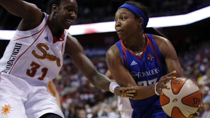 July 20, 2010; Uncasville, CT, USA; New York Liberty guard Cappie Pondexter (23) drives the ball past Connecticut Sun center Tina Charles (31) during the first half at the Mohegan Sun Arena. Mandatory Credit: David Butler II-Imagn Images
