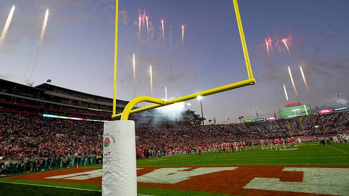 A fireworks display commemorates the 100th Rose Bowl game held in the stadium in Pasadena, Calif. on Jan. 1, 2022.
College Football Rose Bowl A fireworks display commemorates the 100th Rose Bowl game held in the stadium in Pasadena, Calif. on Jan. 1, 2022.
College Football Rose Bowl