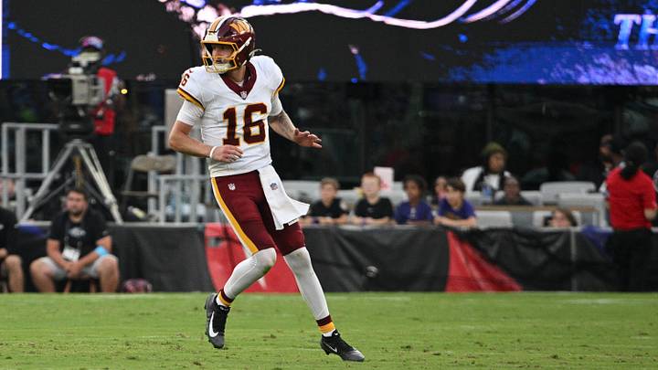Aug 28, 2026; Baltimore, Maryland, USA; Washington Commanders quarterback Athan Kaliakmanis (16) looks down the field during the first half, against the Baltimore Ravens at M&T Bank Stadium. Mandatory Credit: Tommy Gilligan-Imagn Images Aug 28, 2026; Baltimore, Maryland, USA; Washington Commanders quarterback Athan Kaliakmanis (16) looks down the field during the first half, against the Baltimore Ravens at M&T Bank Stadium. Mandatory Credit: Tommy Gilligan-Imagn Images