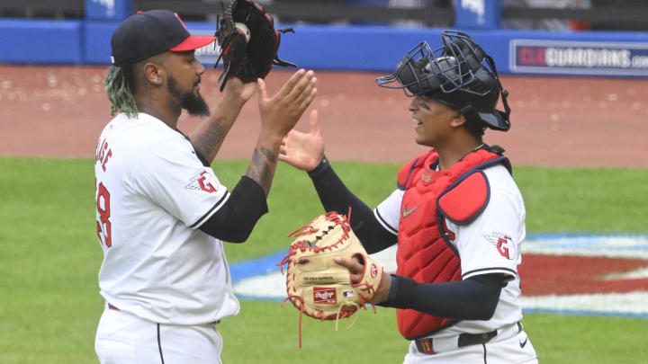Jun 22, 2024; Cleveland, Ohio, USA; Cleveland Guardians relief pitcher Emmanuel Clase (48) and catcher Bo Naylor (23) celebrate after defeating the Toronto Blue Jays at Progressive Field. Mandatory Credit: David Richard-USA TODAY Sports Jun 22, 2024; Cleveland, Ohio, USA; Cleveland Guardians relief pitcher Emmanuel Clase (48) and catcher Bo Naylor (23) celebrate after defeating the Toronto Blue Jays at Progressive Field. Mandatory Credit: David Richard-USA TODAY Sports