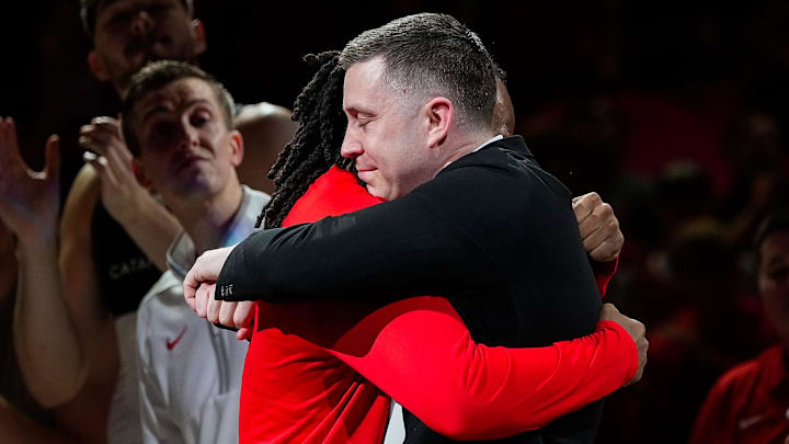 head coach Jake Diebler hugs guard Bruce Thornton (2) on senior night before the NCAA game at Value City Arena on Saturday, March 7, 2026 in Columbus, Ohio.
