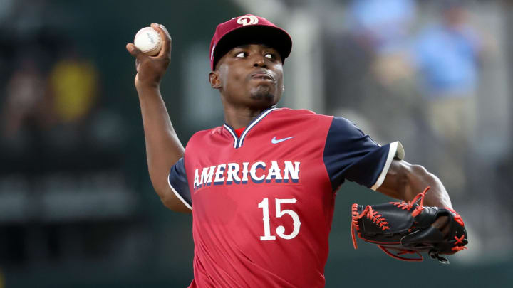 Jul 13, 2024; Arlington, TX, USA; American League Future pitcher Emiliano Teodo (15) throws during the first inning against the National League Future team during the Major league All-Star Futures game at Globe Life Field. Jul 13, 2024; Arlington, TX, USA; American League Future pitcher Emiliano Teodo (15) throws during the first inning against the National League Future team during the Major league All-Star Futures game at Globe Life Field.