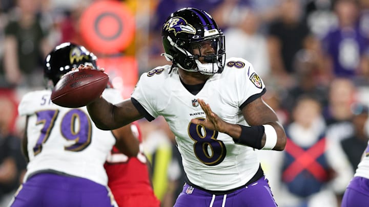 Oct 27, 2022; Tampa, Florida, USA;  Baltimore Ravens quarterback Lamar Jackson (8) drops back to