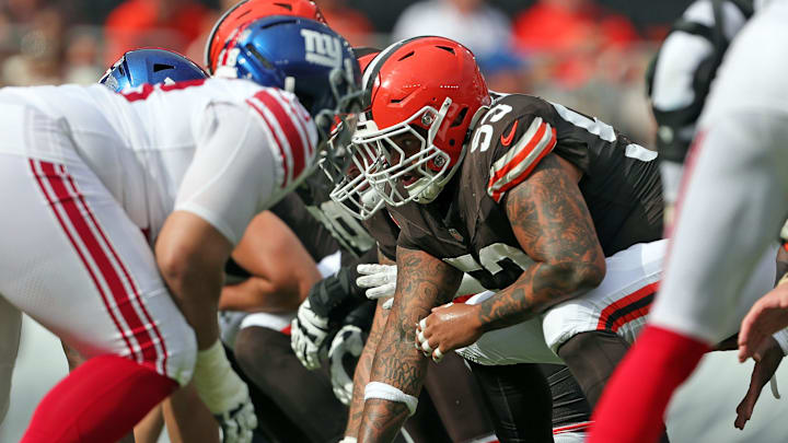 Cleveland Browns center Nick Harris (53) waits to snap the ball during the second half of an NFL football game at Huntington Bank Field, Sunday, Sept. 22, 2024, in Cleveland, Ohio.