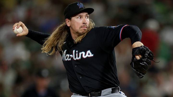 Jul 3, 2026; West Sacramento, California, USA; Miami Marlins pitcher Lake Bachar (84) throws a pitch against the Athletics during the seventh inning at Sutter Health Park. Mandatory Credit: Dennis Lee-Imagn Images