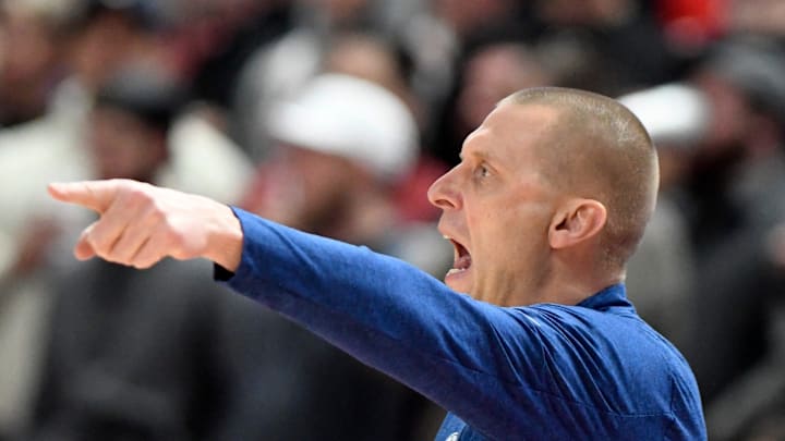 BYU's head coach Mark Pope points during the Big 12 basketball game against Texas Tech, Saturday, BYU's head coach Mark Pope points during the Big 12 basketball game against Texas Tech, Saturday,