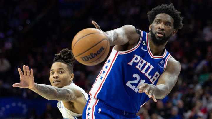 Feb 1, 2023; Philadelphia, Pennsylvania, USA; Philadelphia 76ers center Joel Embiid (21) passes the
