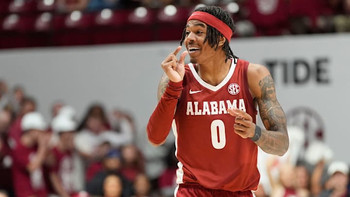 Dec 3, 2025; Tuscaloosa, AL, USA; Alabama guard Labaron Philon Jr. (0) celebrates after making a three pointer against Clemson at Coleman Coliseum. Alabama defeated Clemson 90-84 and Philon scored 29. Dec 3, 2025; Tuscaloosa, AL, USA; Alabama guard Labaron Philon Jr. (0) celebrates after making a three pointer against Clemson at Coleman Coliseum. Alabama defeated Clemson 90-84 and Philon scored 29.