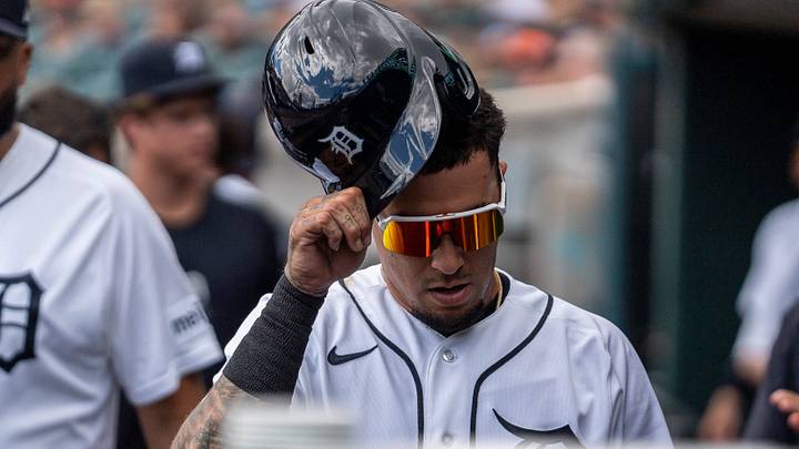 Detroit Tigers infielder Javier Báez (28) takes off his helmet after scoring a run against the Baltimore Orioles at Comerica Park in Detroit on Wednesday, July 29, 2026. Detroit Tigers infielder Javier Báez (28) takes off his helmet after scoring a run against the Baltimore Orioles at Comerica Park in Detroit on Wednesday, July 29, 2026.