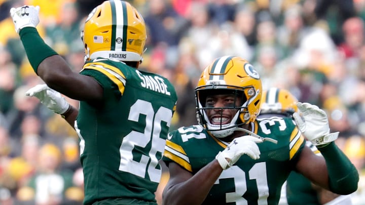 Green Bay Packers strong safety Adrian Amos (31) celebrates his interception with Darnell Savage (26) in the second quarter during their football game Sunday, Dec. 8, 2019, at Lambeau Field in Green Bay, Wis.

Apc Packvsredskins 1208191319