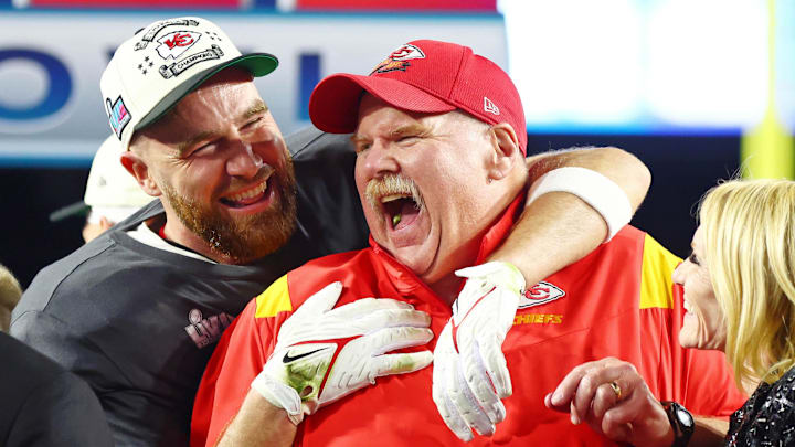 Feb 12, 2023; Glendale, Arizona, US; Kansas City Chiefs tight end Travis Kelce (87) celebrates with head coach Andy Reid after winning Super Bowl LVII against the Philadelphia Eagles at State Farm Stadium. Mandatory Credit: Mark J. Rebilas-Imagn Images Feb 12, 2023; Glendale, Arizona, US; Kansas City Chiefs tight end Travis Kelce (87) celebrates with head coach Andy Reid after winning Super Bowl LVII against the Philadelphia Eagles at State Farm Stadium. Mandatory Credit: Mark J. Rebilas-Imagn Images