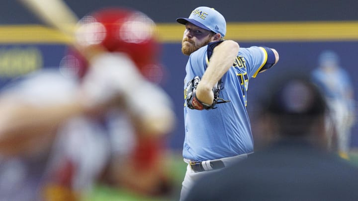 Apr 7, 2023; Milwaukee, Wisconsin, USA;  Milwaukee Brewers pitcher Brandon Woodruff (53) throws a