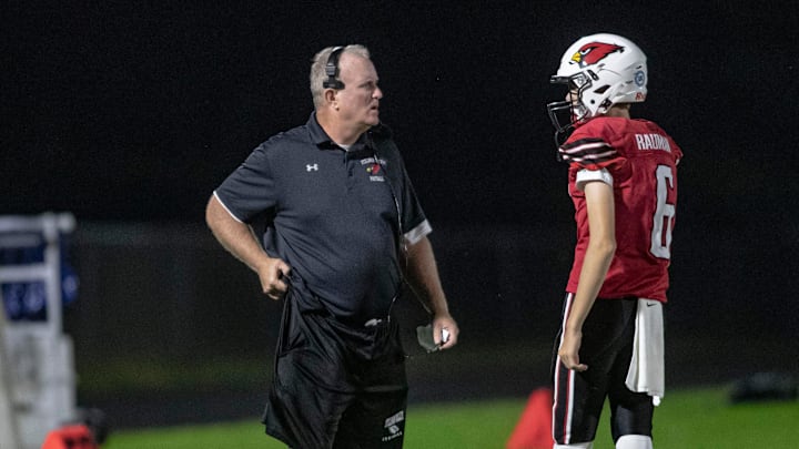 Stillman Valley's head coach Mike Lalor talks to Kale Rauman on the sidelines on Friday, Aug. 26, 2022, at Stillman Valley High School in Stillman Valley.
RFD0827 Top Performers Of Week 1 Stillman Valley's head coach Mike Lalor talks to Kale Rauman on the sidelines on Friday, Aug. 26, 2022, at Stillman Valley High School in Stillman Valley.
RFD0827 Top Performers Of Week 1