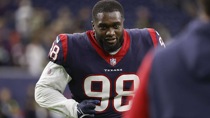 Aug 13, 2022; Houston, Texas, USA; Houston Texans defensive end Michael Dwumfour (98) after the game against the New Orleans Saints at NRG Stadium. Mandatory Credit: Troy Taormina-Imagn Images Aug 13, 2022; Houston, Texas, USA; Houston Texans defensive end Michael Dwumfour (98) after the game against the New Orleans Saints at NRG Stadium. Mandatory Credit: Troy Taormina-Imagn Images
