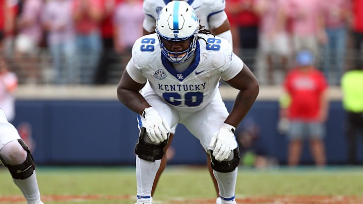Sep 28, 2024; Oxford, Mississippi, USA; Kentucky Wildcats offensive lineman Marques Cox (69) lines up before the snap during the first half against the Mississippi Rebels at Vaught-Hemingway Stadium. Mandatory Credit: Petre Thomas-Imagn Images Sep 28, 2024; Oxford, Mississippi, USA; Kentucky Wildcats offensive lineman Marques Cox (69) lines up before the snap during the first half against the Mississippi Rebels at Vaught-Hemingway Stadium. Mandatory Credit: Petre Thomas-Imagn Images