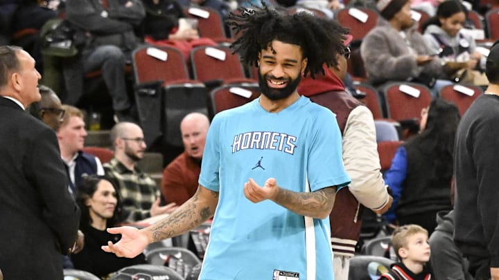 Feb 24, 2026; Chicago, Illinois, USA;  Charlotte Hornets guard Coby White (3) smiles as he warms up before a game against the Chicago Bulls at United Center. Mandatory Credit: Matt Marton-Imagn Images